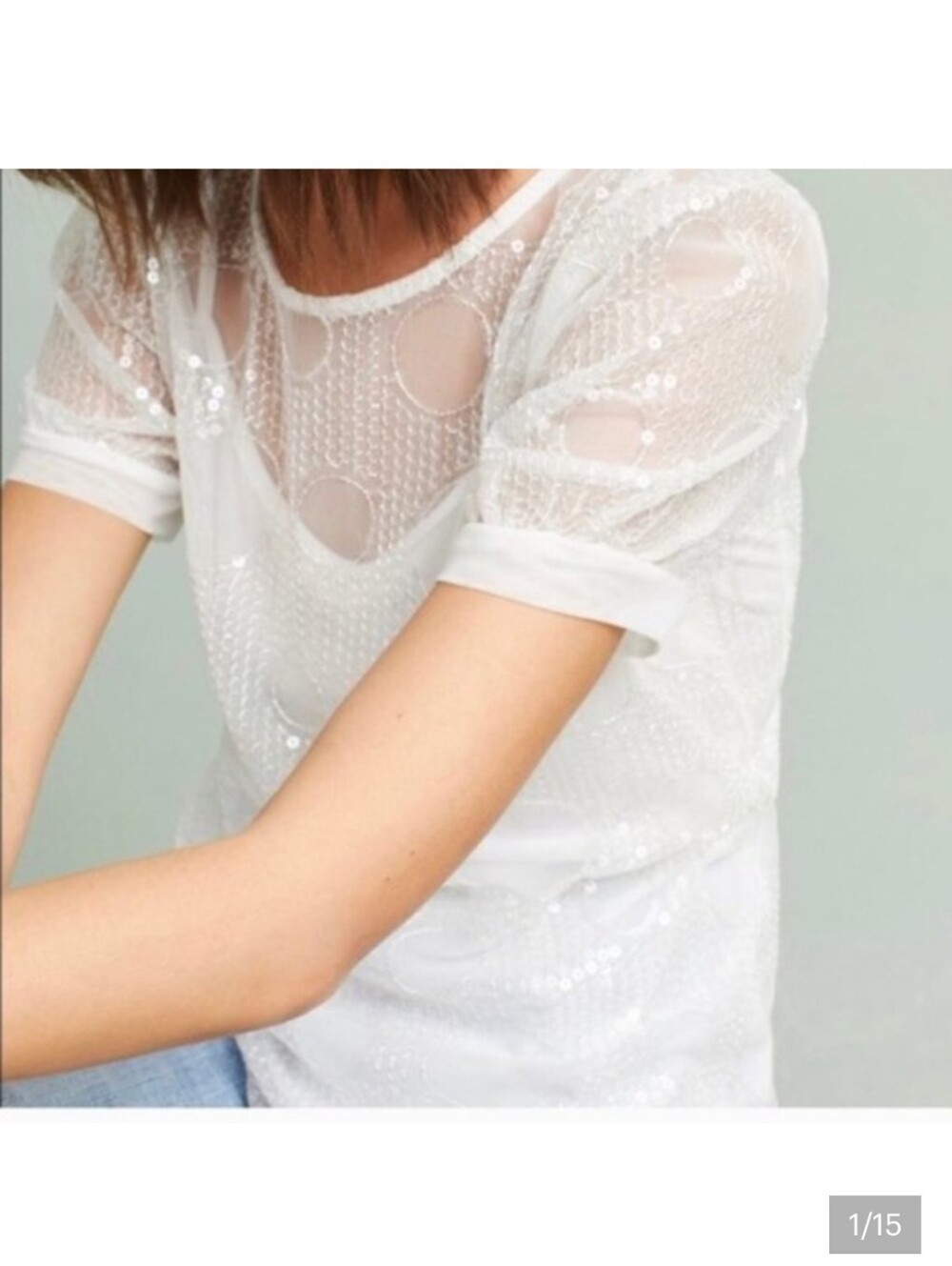 Eva Franco White Sheer Sequin Short Sleeve Top